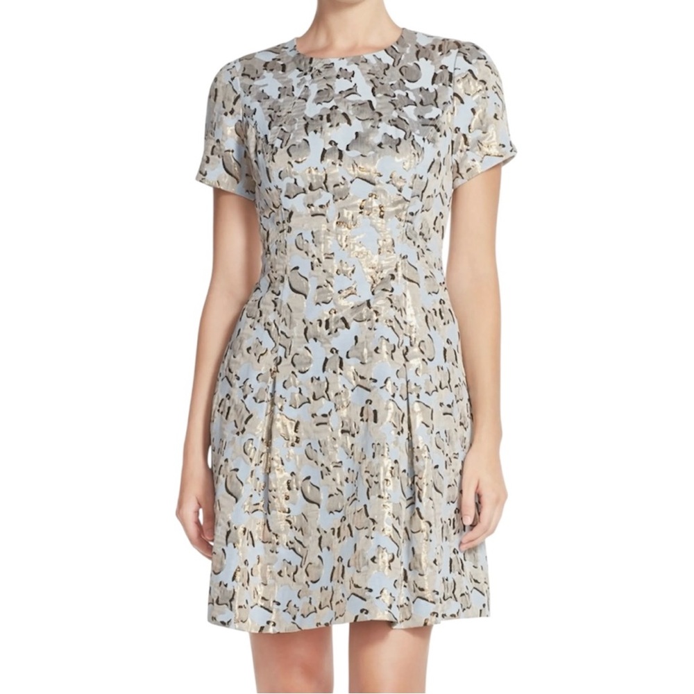 Vince Camuto Blue Metallic Animal Print Fit & Flare Dress Size 6 with Pockets